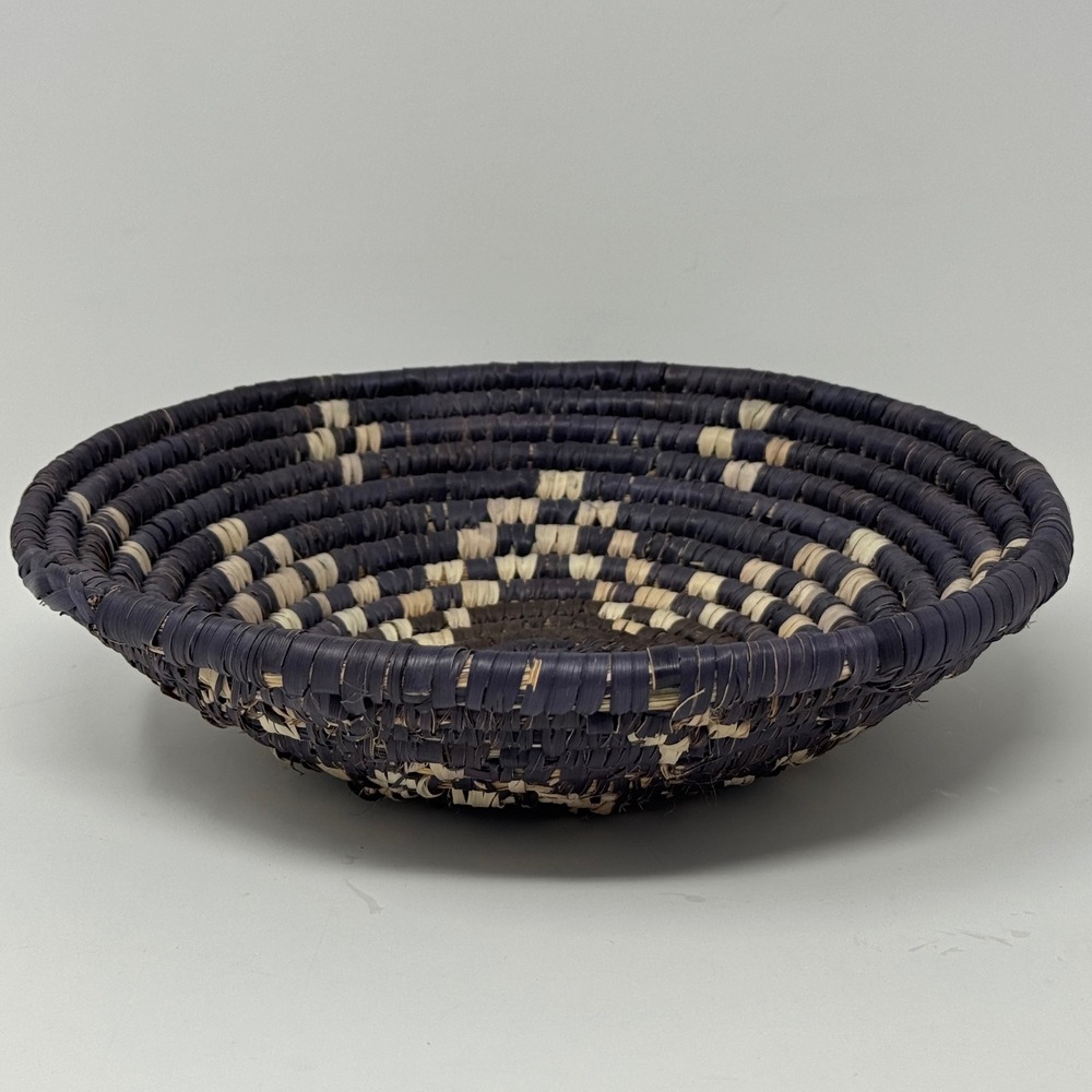 Vintage Handwoven Coiled Basket Bowl Black & Natural Tribal Woven 9" Decor